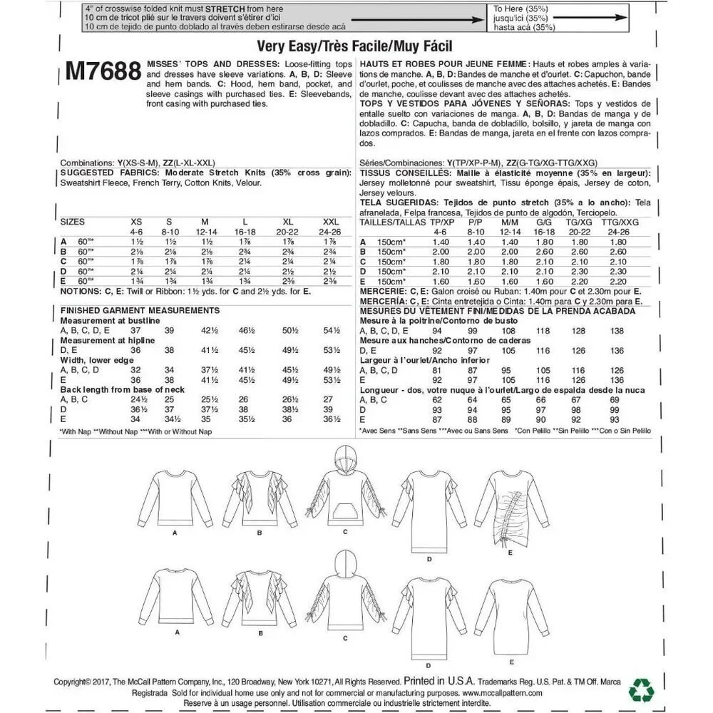 McCalls Sewing Pattern M7688  Top Shirt‎ Tunic Knits Misses Size XS-MED